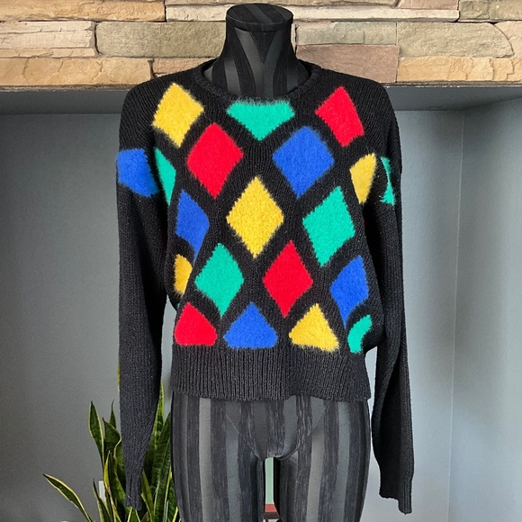 VTG Argyle Preppy Wool Angora Cropped Sweater Indie Grunge Artsy Black Blue L - Picture 2 of 9